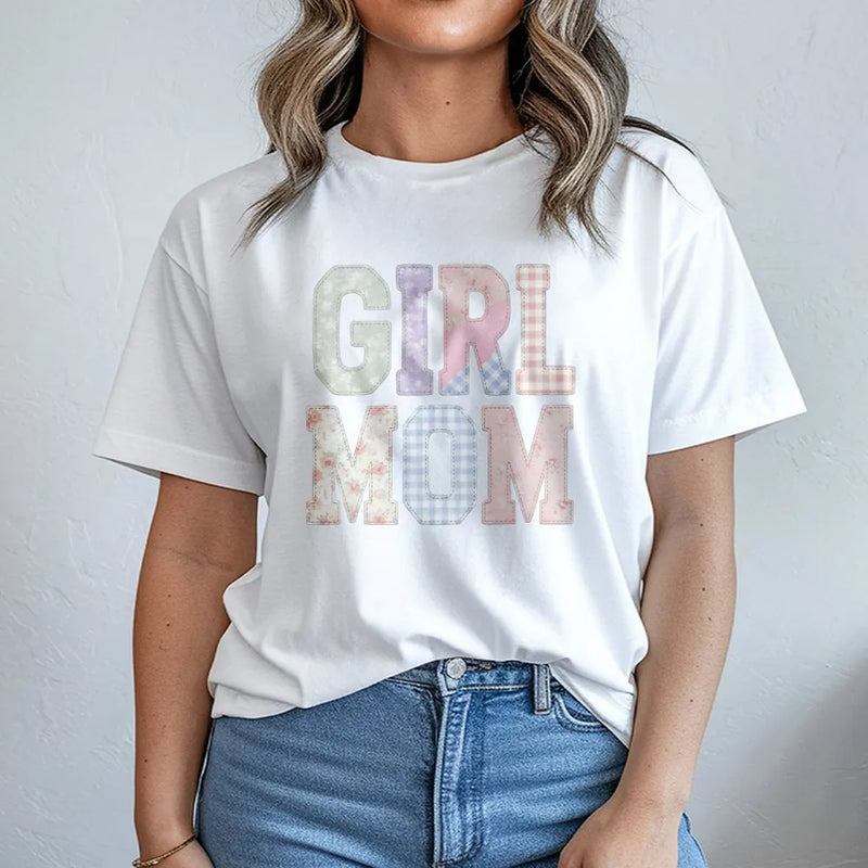 Girl Mom T-Shirt | Aesthetic Faux Patchwork Lettering | Soft Cotton Blend | Mother's Day Gift for New Mama